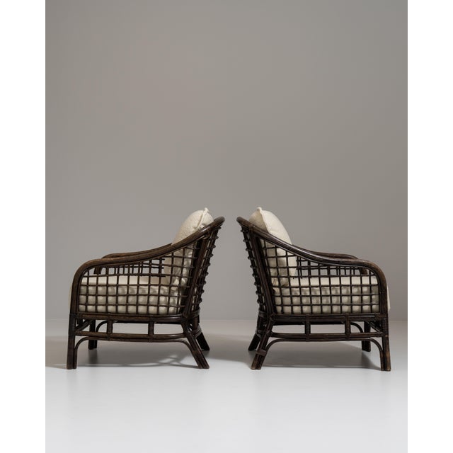 Pair of 20th Century French Dark Brown Mid-Century Organic Modernism Faux Bamboo Upholstered Armchairs For Sale - Image 12 of 15