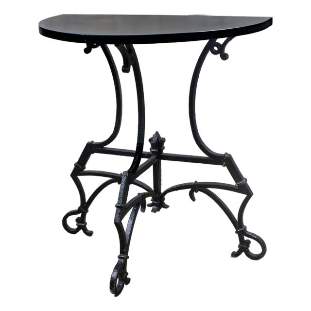 Early 20th Century Art Deco Italianate Demilune Table Black Painted Hand Wrought Iron Base For Sale