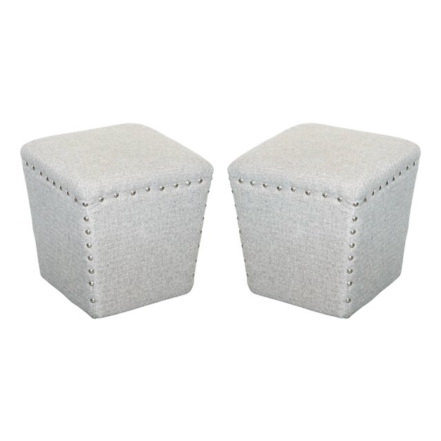 Grey Fabric Studded Footstools, Set of 2 For Sale