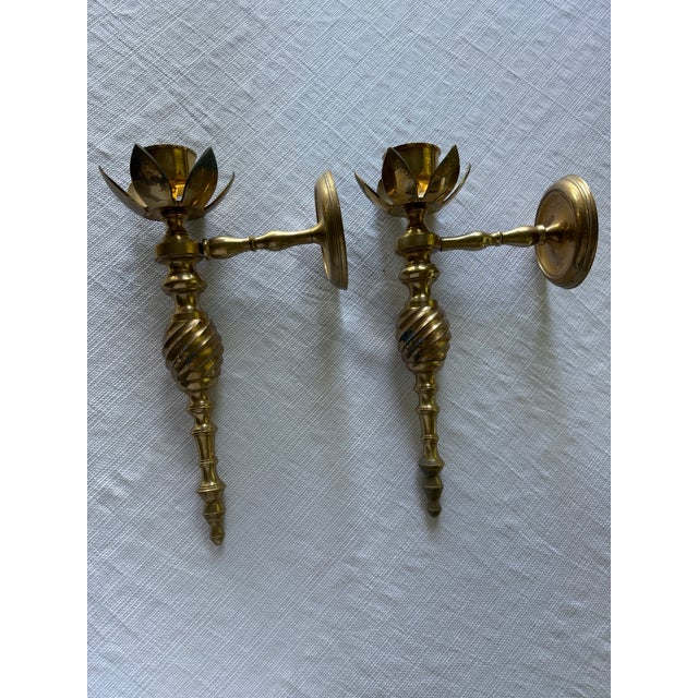 Vintage Solid Brass Lotus Flower Wall Sconces — Pair For Sale In New York - Image 6 of 8