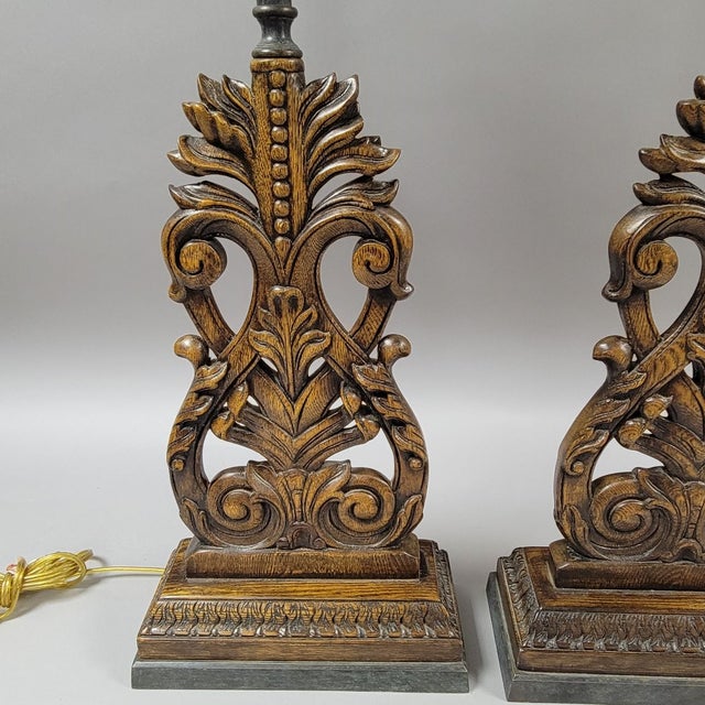 French Provincial Pair of French Provincial Style Carved Wood Table Lamps With Bronze Finials For Sale - Image 3 of 8
