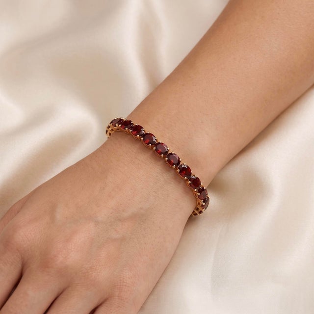 Natural Garnet Tennis Bracelet | Oval Red Gemstone Bracelet | 18k Gold Plated Silver January Birthstone Jewelry For Sale - Image 4 of 5