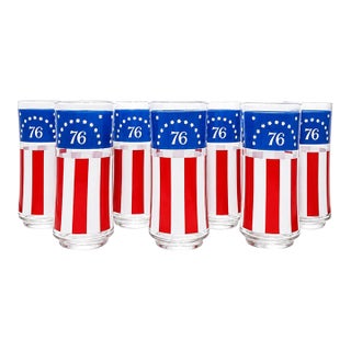 Vintage Set 6 Usa Bicentennial 1776 1976 Highball Glasses Americana Barware For Sale