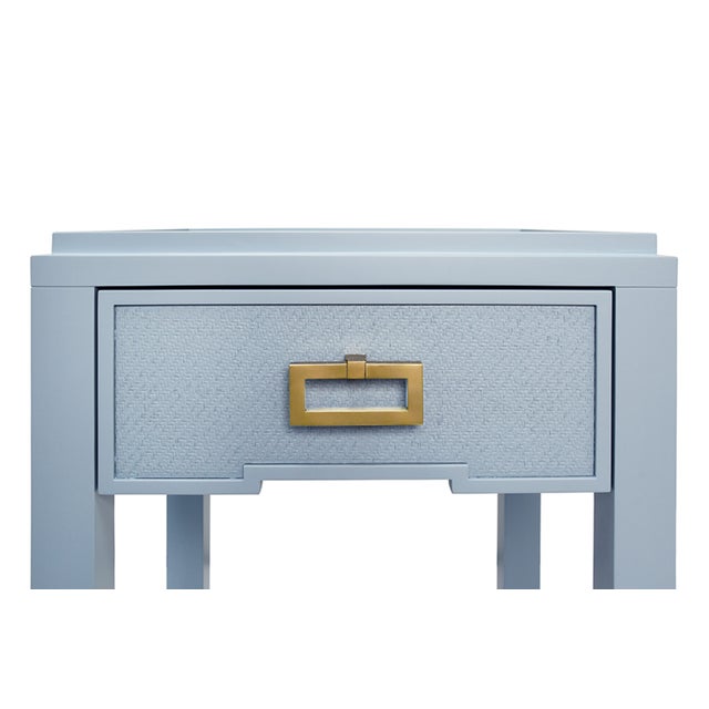 Modern Matthew Izzo Home - Jean Matte Light Blue Lacquer and Light Blue Grasscloth One Drawer Side Table With Satin Brass Drawer Pull For Sale - Image 3 of 6