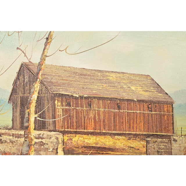Mid 20th Century Original Artist Signed Oil Painting on Canvas Rural Landscape of "Covered Bridge" in Carved Walnut and Woven Rattan Frame For Sale - Image 5 of 14