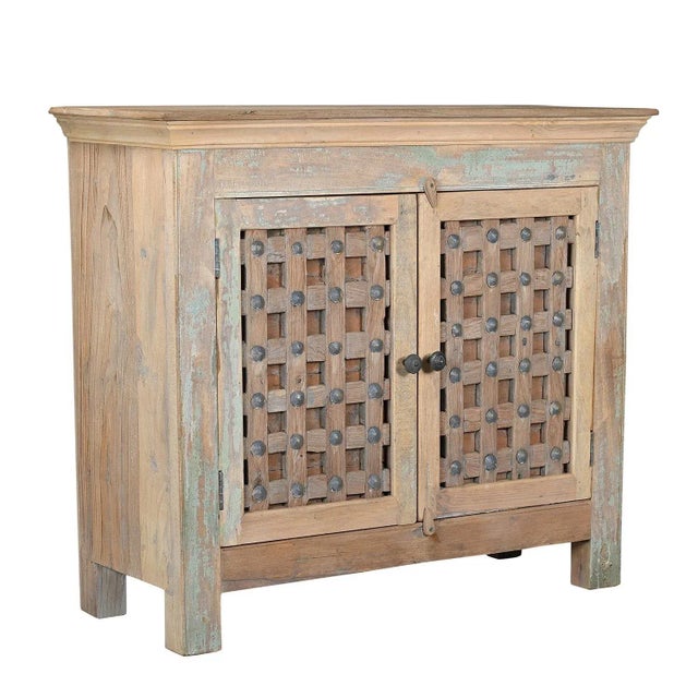 Far Pavilions Vintage Carved Shutter Upcycled Distressed Rustic Farmhouse 2-Door Cabinet For Sale - Image 4 of 6