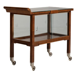 1930-1939 France Rich Walnut Brown Glass-Front Walnut Bar Cart For Sale