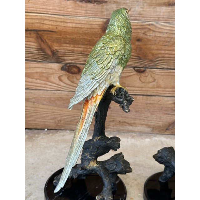 Late 20th Century Coastal Tropical Bronze Hand Painted Parrot Statues on Marble Bases-Pair For Sale In Naples, FL - Image 6 of 12
