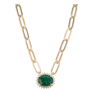 1.99ct Emerald Diamond Necklace With Modern Paperclip Chain in 14k Gold For Sale