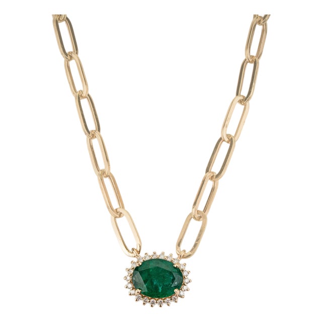 1.99ct Emerald Diamond Necklace With Modern Paperclip Chain in 14k Gold For Sale