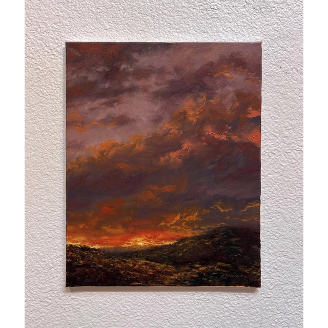 Night Opus captures a dramatic twilight landscape, where swirling clouds in deep purples and fiery oranges converge above...