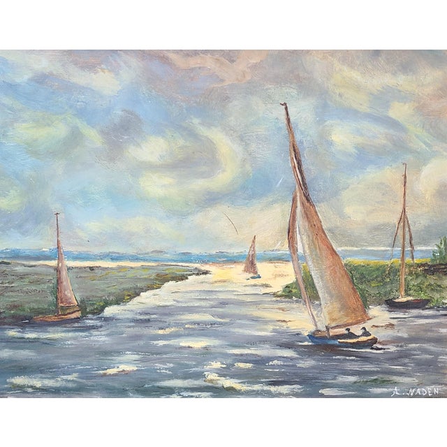 Lovely 1940s oil painting of a sailboat passing through an inlet and heading towards open water on a gloomy day. Original...