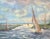 Lovely 1940s oil painting of a sailboat passing through an inlet and heading towards open water on a gloomy day. Original...