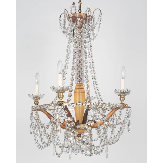 Wood French Art Deco Brass and Crystal Chandelier 4 Lights For Sale - Image 7 of 12