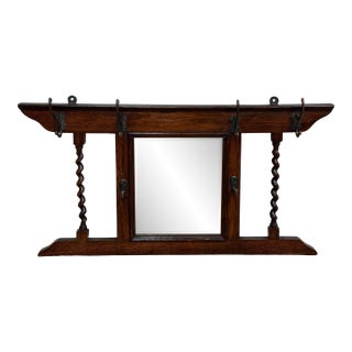 Antique English Oak Hall Tree Mirror With Barley Twist Hooks C 1900 For Sale