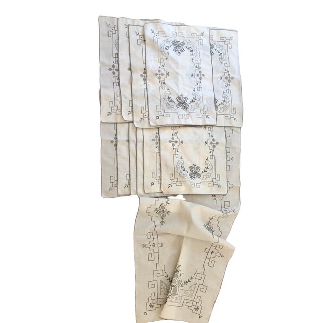 Beautiful, all hand embroidered gray and off-white linens. One of 11 placemats has large stain( see photo). All others in...