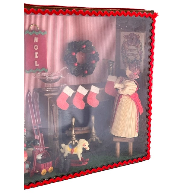 Wood Vintage Handmade Christmas Diorama Shadow Box With Miniature Holiday Stocking by the Fire Scene. For Sale - Image 7 of 13