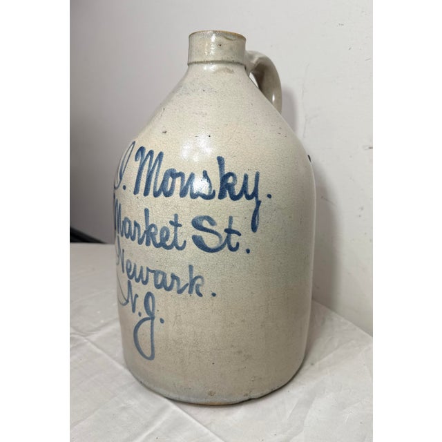 Antique 1800's J. Monsky Newark Nj Stoneware Salt Glazed Cobalt Pottery 2 Jug For Sale In New York - Image 6 of 13