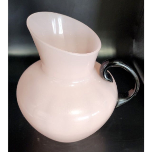 Antique Pink French Opaline Glass Pitcher, Applied Black Glass Handle For Sale - Image 9 of 11