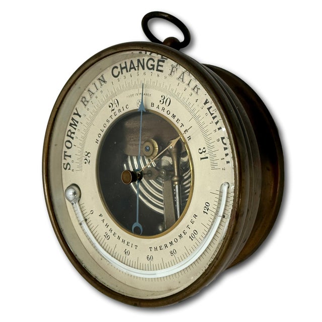 Fine Antique Brass Ships Holosteric Barometer & Thermometer by Pertius,Hulot,Bourgeois & Naudet Paris France For Sale - Image 4 of 18