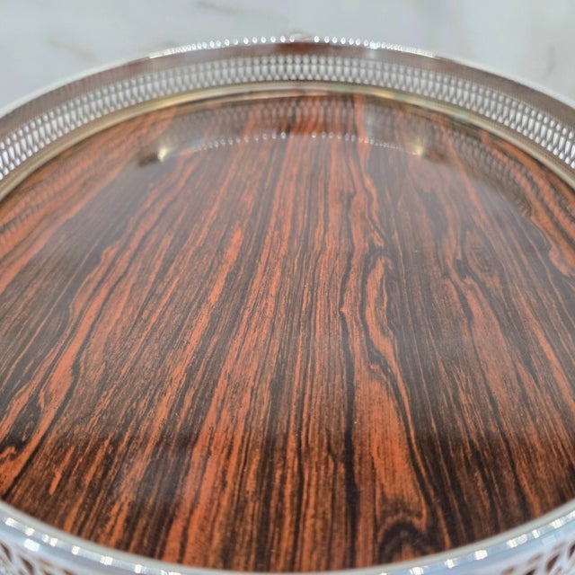 Silver Mid Century Sheffield Silver Co. Formica Laminate Footed Serving Tray, Wood-Grain, Silverplate Gallery For Sale - Image 8 of 12
