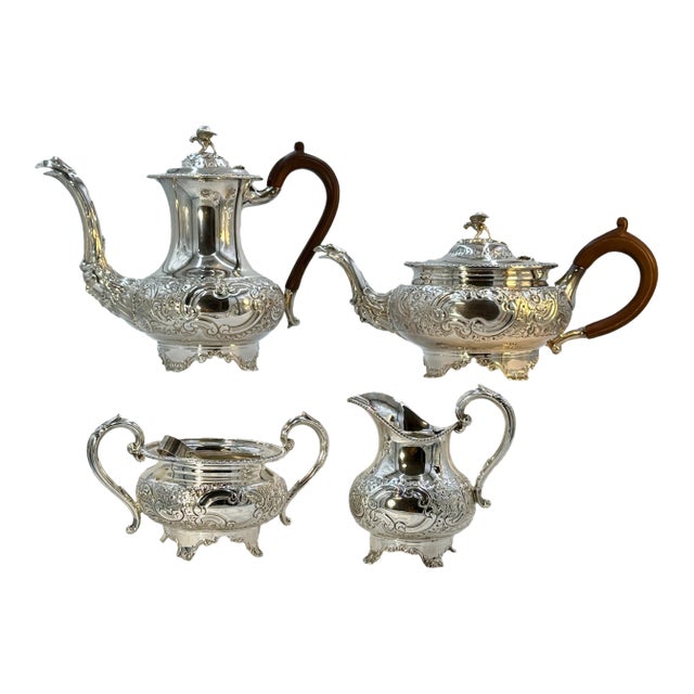 Robert & Belk, Sheffield, England Antique Art Nouveau Sterling Silver Coffee Pot, Tea Pot and Sugar & Creamer Set With Rare Repousse Ornamentation For Sale
