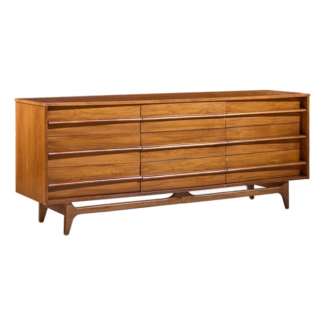Young Manufacturing Mid Century Walnut Curved Lowboy Dresser For Sale