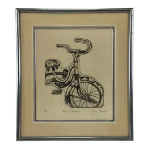 Vintage Framed Black and White Embossed Etching of a Tricycle Circa 1990’s, Signed