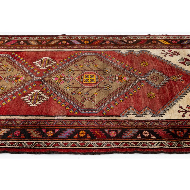 1950s Vintage Caucasian Kazak Wool Runner Rug With Double Diamond Medallion in Crimson & Ivory For Sale - Image 5 of 8