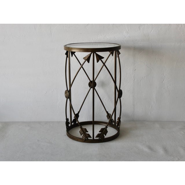 Metal 1980s Vintage French Empire Style Arrows Target Brushed Patina Bronze Finish Metal Glass Side Drinks Table For Sale - Image 7 of 12
