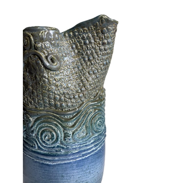 Blue Signed 1970s Blue Hand Build Coil Mid Century Stoneware Vase / 70s Organic Art Vessel /Modernist Ceramic Art Studio Pottery For Sale - Image 8 of 9