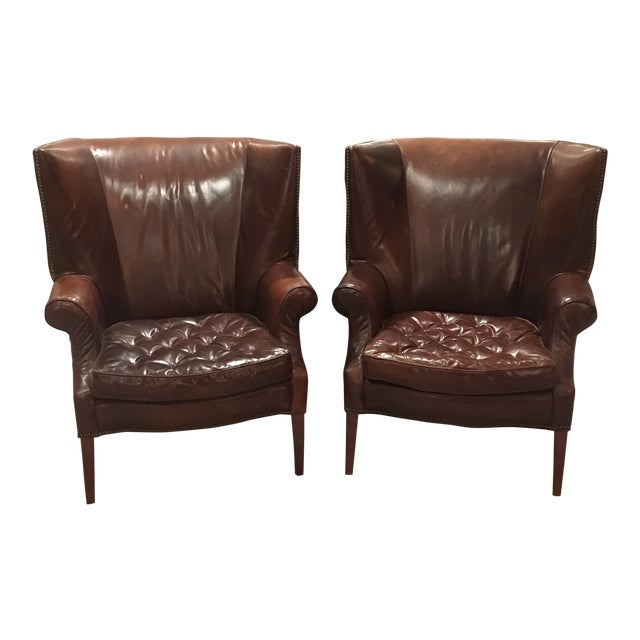 Traditional Restoration Hardware Leather Drake Wingback Chairs a Pair