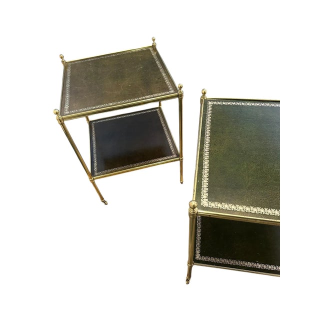 Mid 20th Century Pair of Brass and Green Leather Tooled Two-Tiered Side Tables For Sale - Image 5 of 18