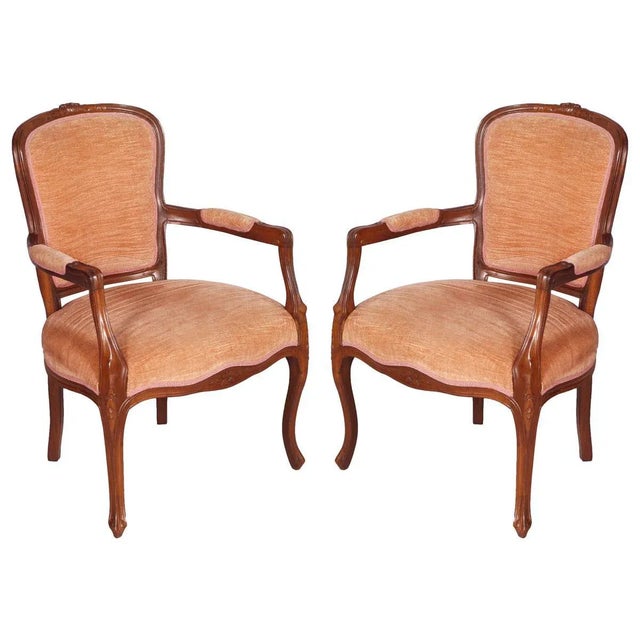 Art Nouveau Hand Carved Walnut and Pink Velvet Armchair, 1910s For Sale - Image 5 of 5