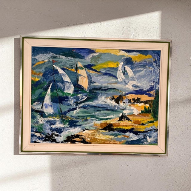 Striking vintage original modernist seascape depicting sailboats navigating a dramatically rendered coastal shoreline....