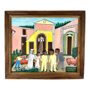 The Village Wedding in Haiti, Oil on Canvas Outsider Painting by Theard Alaidin 1993 (Naivist School)