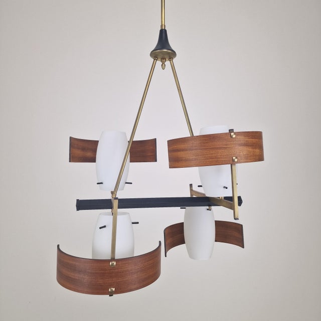 Stilnovo Mid-Century Italian Brass, Teak and Opaline Glass Chandelier attributed to Stilnovo, 1960s For Sale - Image 4 of 14