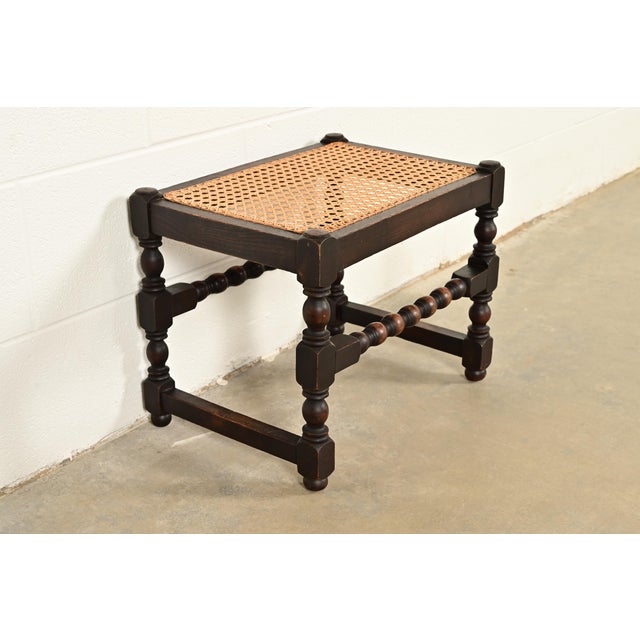 Brown Berkey & Gay Style Antique English Jacobean Carved Walnut and Cane Stool or Ottoman, Circa 1920s For Sale - Image 8 of 8