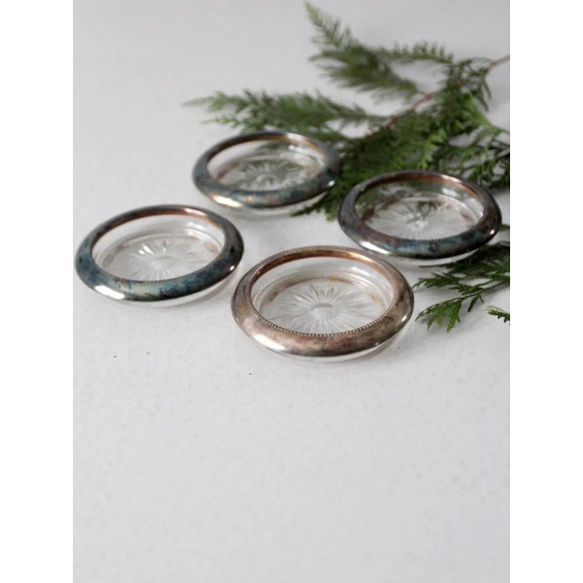 Mid Century Leonard Silver Plate and Glass Coaster Set 4 For Sale - Image 10 of 12