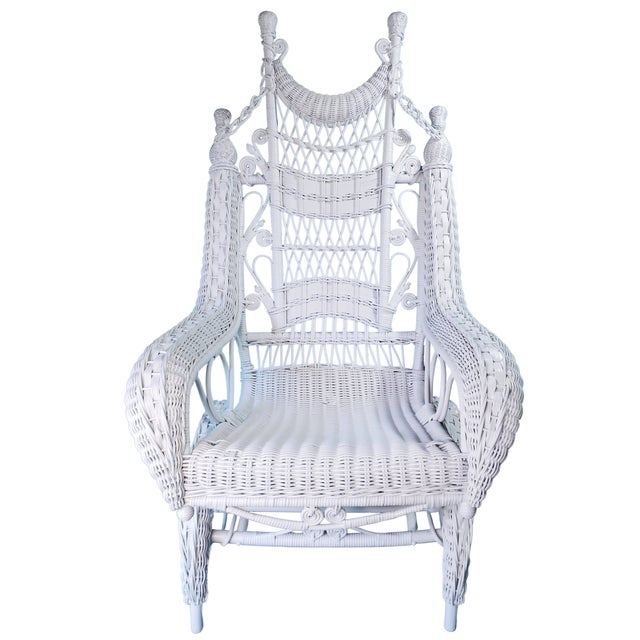 Victorian Antique Heywood Wakefield Attributed White Ornate Wicker Platform Rocker / Rocking Chair ~Circa: 1890 - 1915~ For Sale - Image 3 of 18
