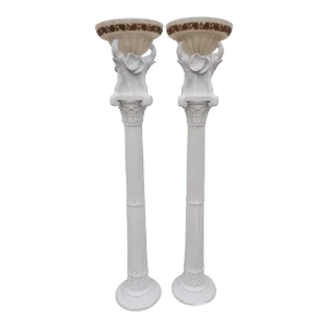 Vintage Monumental Gloss Whit 3 Elephant Head Glass Top Regency Pillar Floor Lamps- a Pair