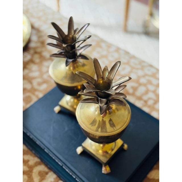 Vintage Mid Century Pair of Brass Pineapple Urns For Sale - Image 4 of 7
