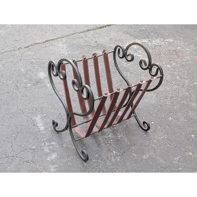 Black Vintage Iron & Leather Magazine Rack 16" Tall Rustic Book Holder For Sale - Image 8 of 8