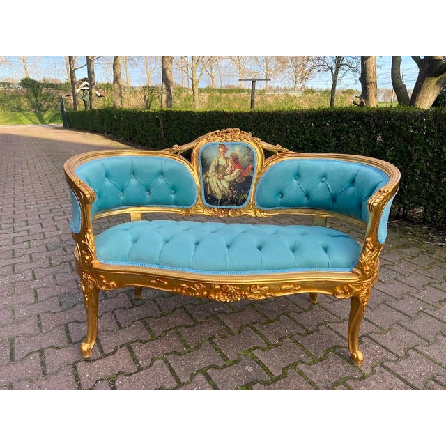 French 1970 French Louis XVI Gold Beech Velvet Settee - 1 Pc For Sale - Image 3 of 15