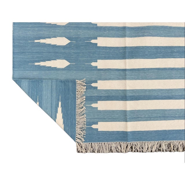 Handmade Cotton Flat Weave Area Rug, Sky Blue and White Striped Dhurrie - 10'x14' For Sale - Image 10 of 14