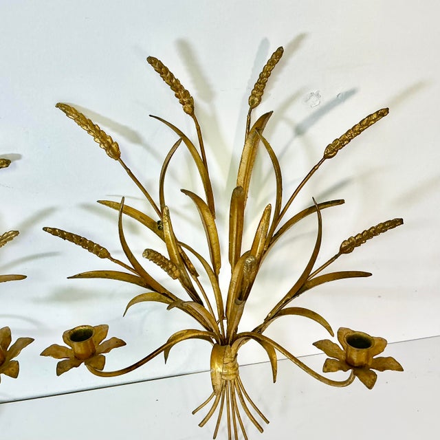 1950s Vintage Italian Hollywood Regency Wheat Sheaf Candle Holder Sconces - A Pair, 2 Arm For Sale - Image 10 of 17
