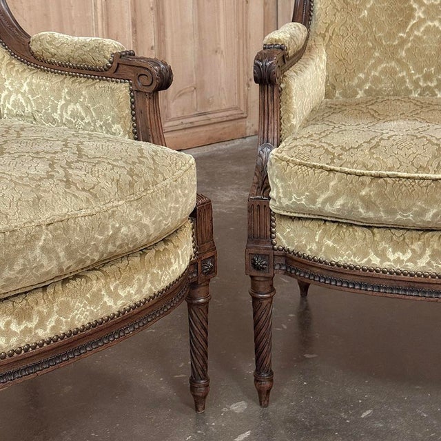 Pair of 19th Century French Louis XVI Walnut Armchairs ~ Bergeres For Sale In Dallas - Image 6 of 17