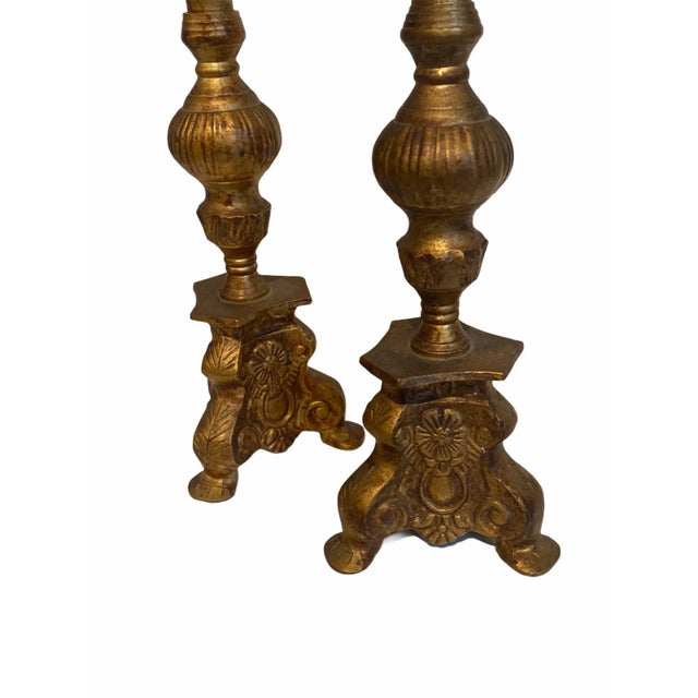 Neoclassical Antique Late 19th Century Neoclassical Gold Gilt Iron Candlesticks - a Pair For Sale - Image 3 of 10