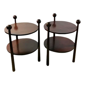 Early 21st Century Modernist Ball & Baton Three Legged Double Tier Side Tables - A Pair