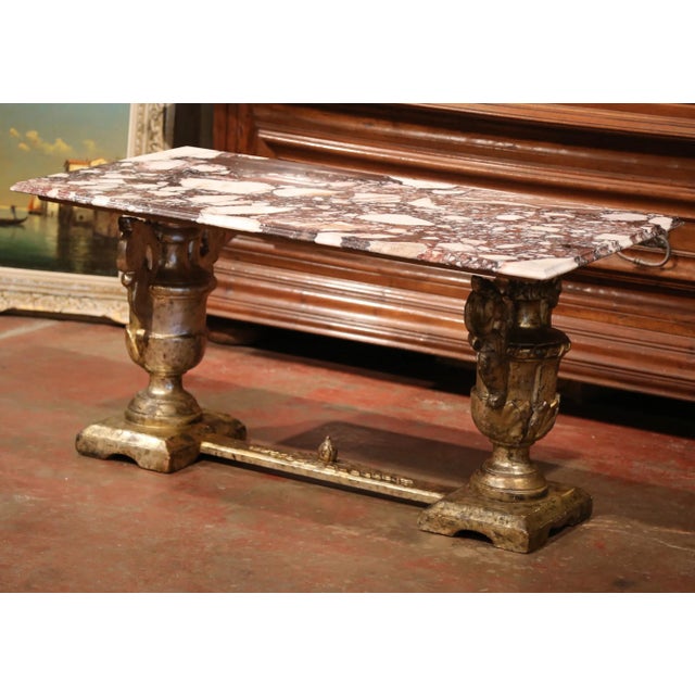 19th Century Italian Marble Top Carved Silver Leaf Trestle Coffee Table For Sale - Image 9 of 9
